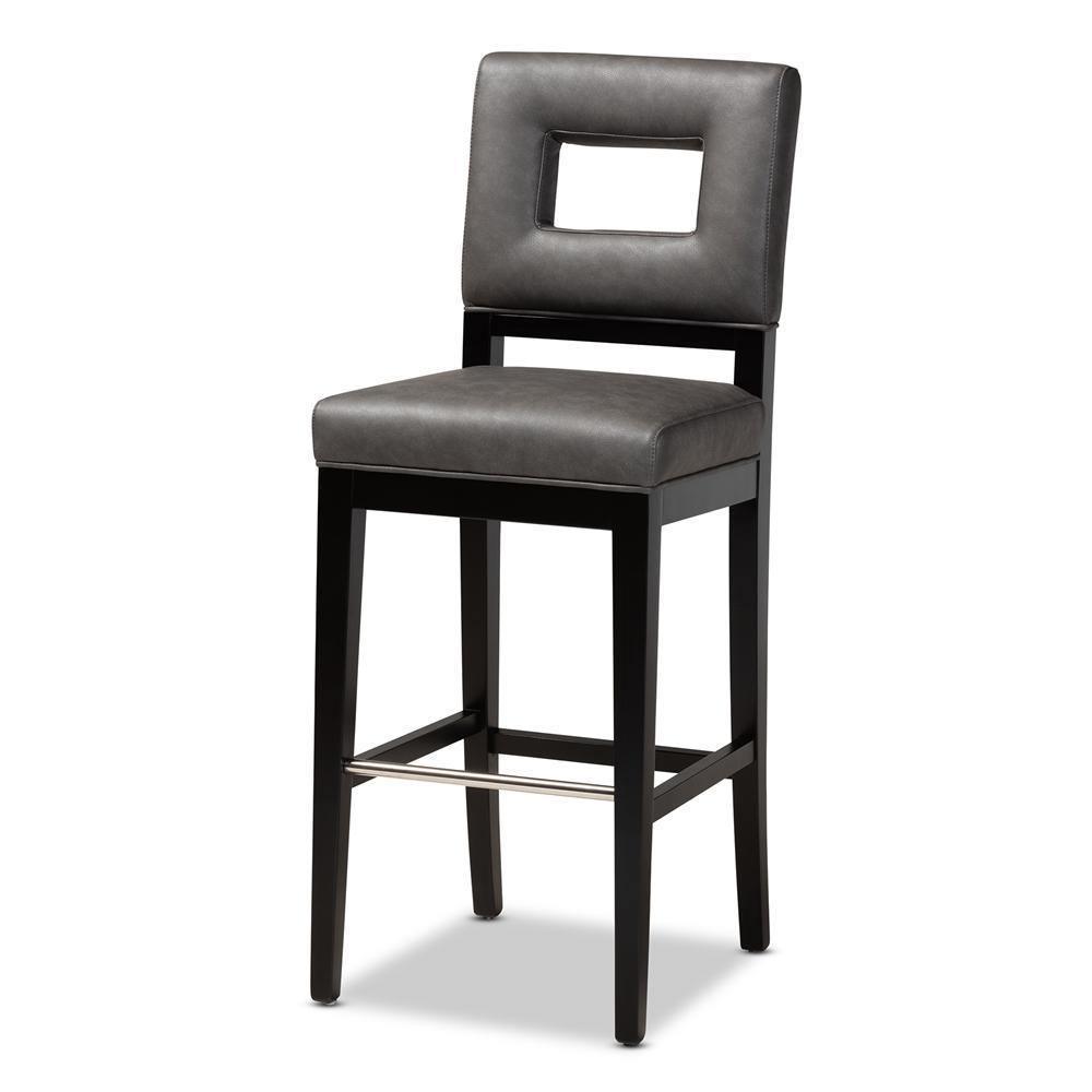 Faustino Modern and Contemporary Grey Faux Leather Upholstered Black Finished Wood Bar Stool FredCo