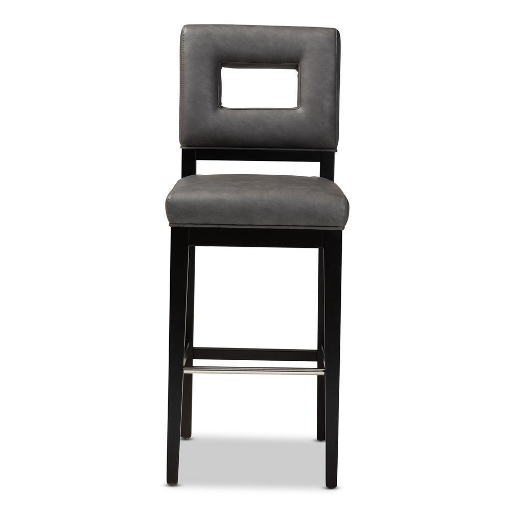 Faustino Modern and Contemporary Grey Faux Leather Upholstered Black Finished Wood Bar Stool FredCo