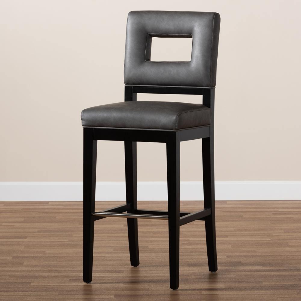 Faustino Modern and Contemporary Grey Faux Leather Upholstered Black Finished Wood Bar Stool FredCo