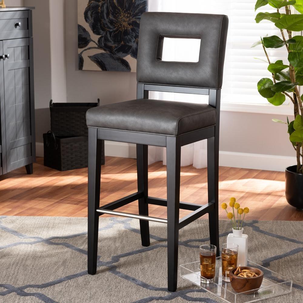 Faustino Modern and Contemporary Grey Faux Leather Upholstered Black Finished Wood Bar Stool FredCo