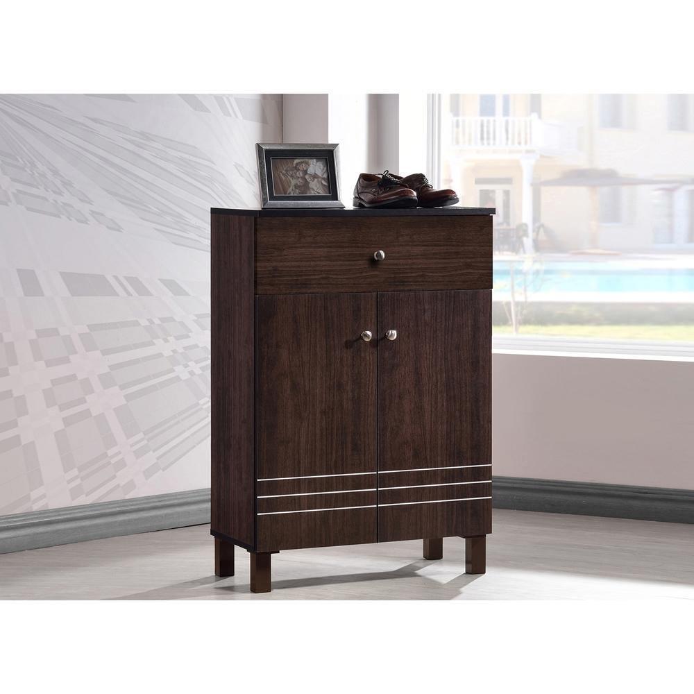 Felda Dark Brown Modern Shoe Cabinet with 2 Doors and Drawer FredCo