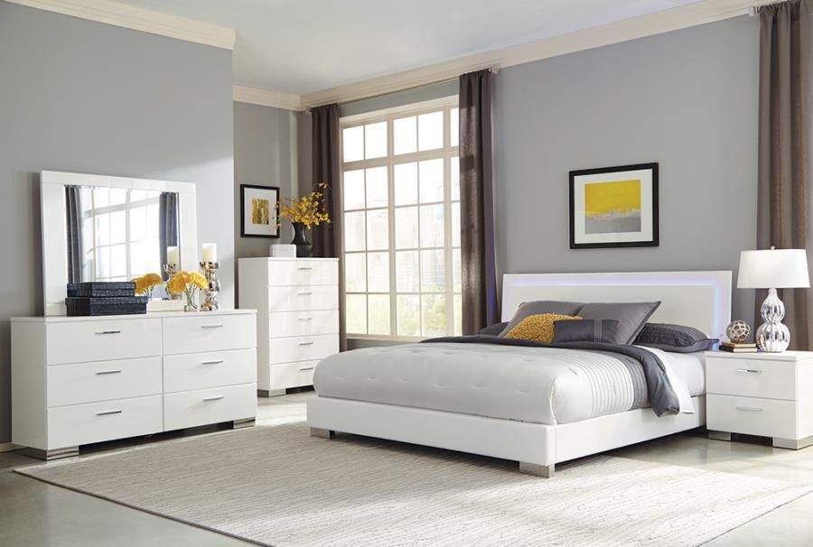 Felicity Bedroom Set with LED Light Headboard Glossy White Coaster Queen, 5 Piece FredCo