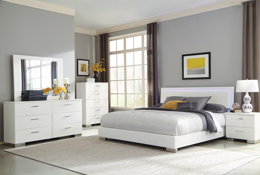Felicity Bedroom Set with LED Light Headboard Glossy White Coaster Queen, 5 Piece FredCo