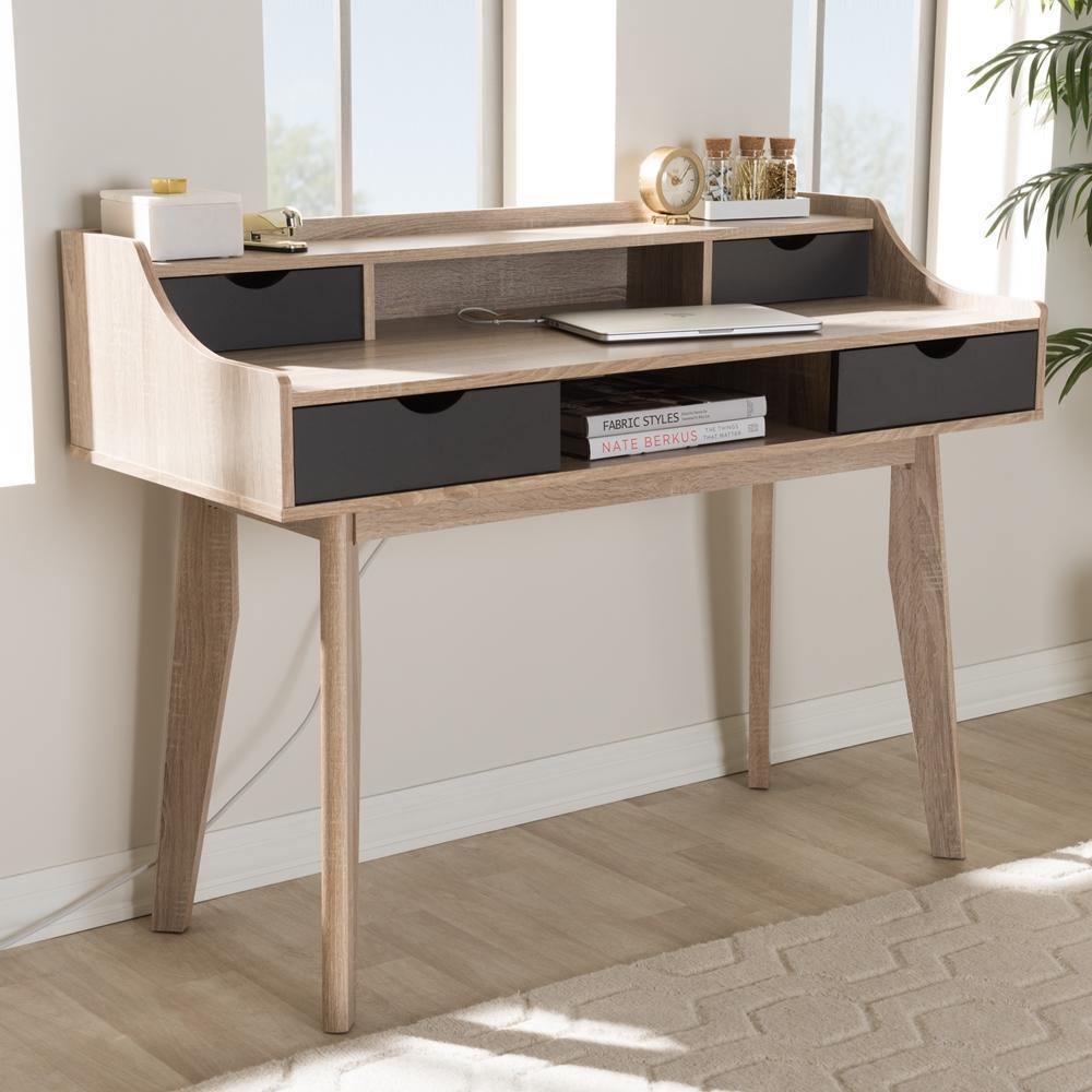 Fella Mid-Century Modern 4-Drawer Oak and Grey Wood Study Desk FredCo