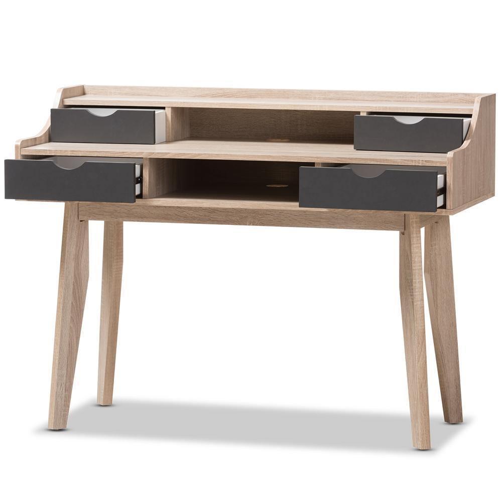 Fella Mid-Century Modern 4-Drawer Oak and Grey Wood Study Desk FredCo