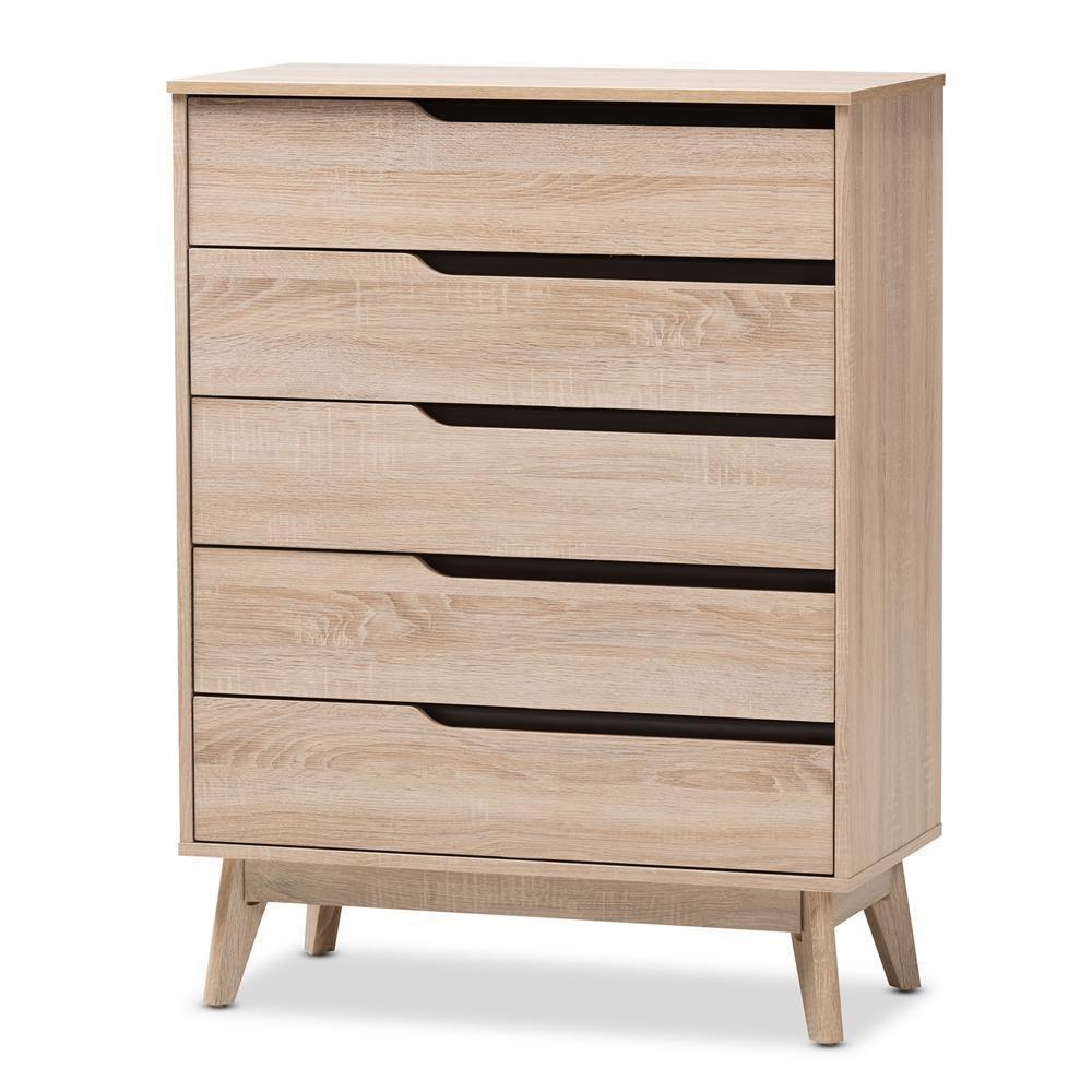 Fella Mid-Century Modern Two-Tone Oak and Grey Wood 5-Drawer Chest FredCo