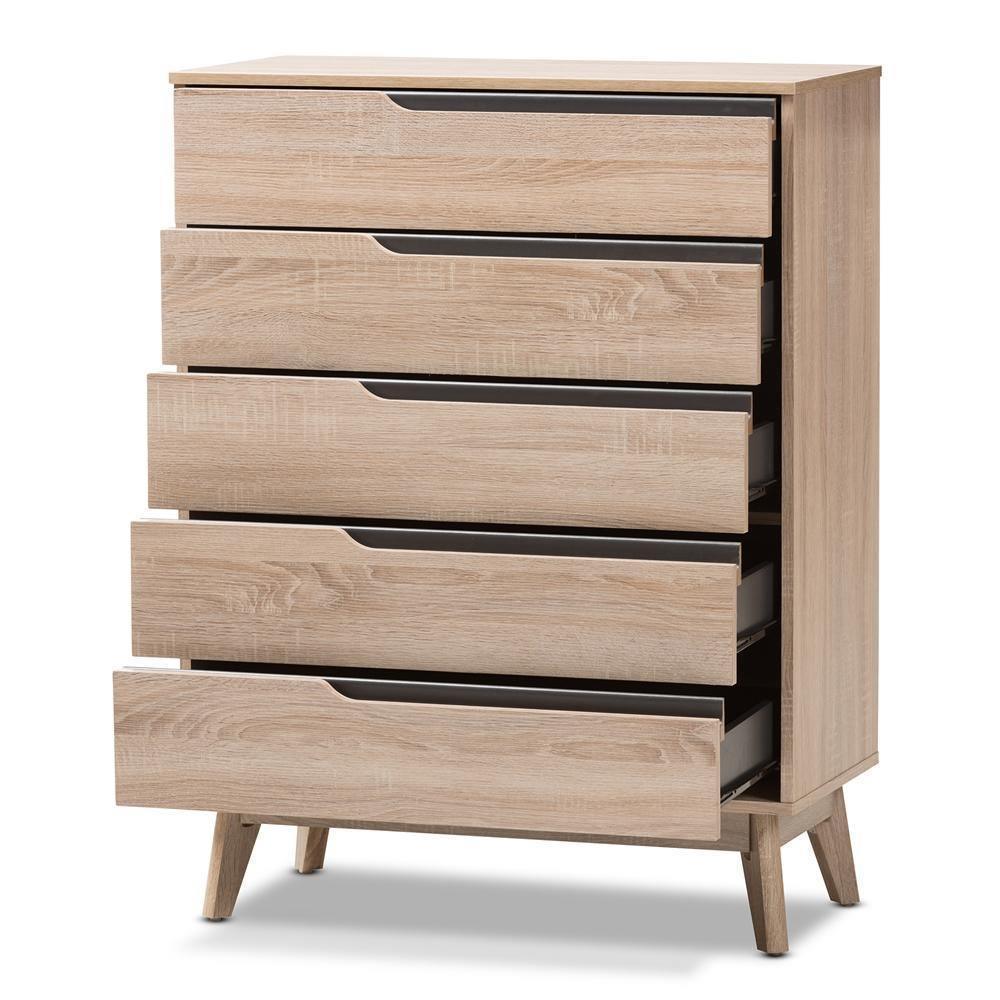 Fella Mid-Century Modern Two-Tone Oak and Grey Wood 5-Drawer Chest FredCo