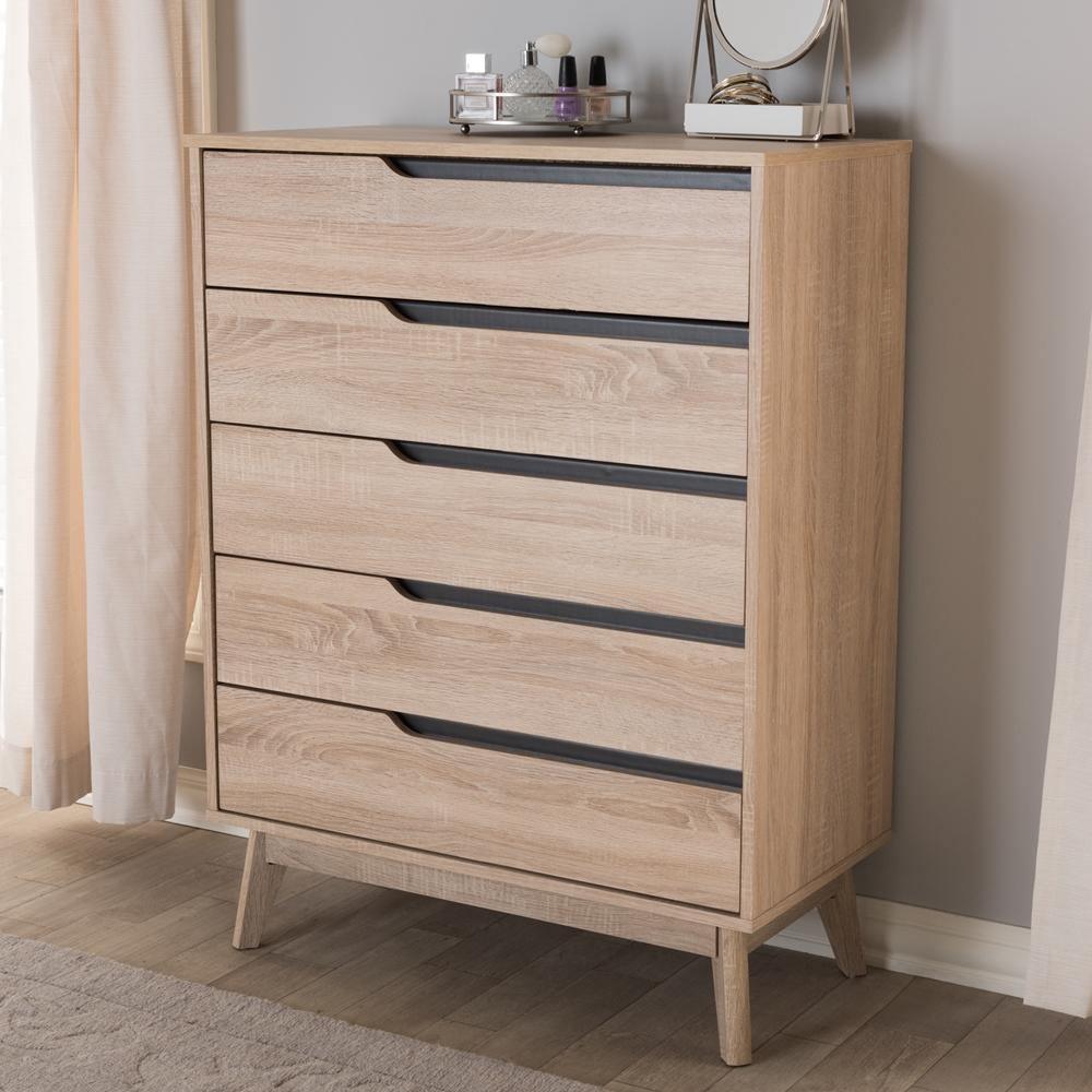Fella Mid-Century Modern Two-Tone Oak and Grey Wood 5-Drawer Chest FredCo