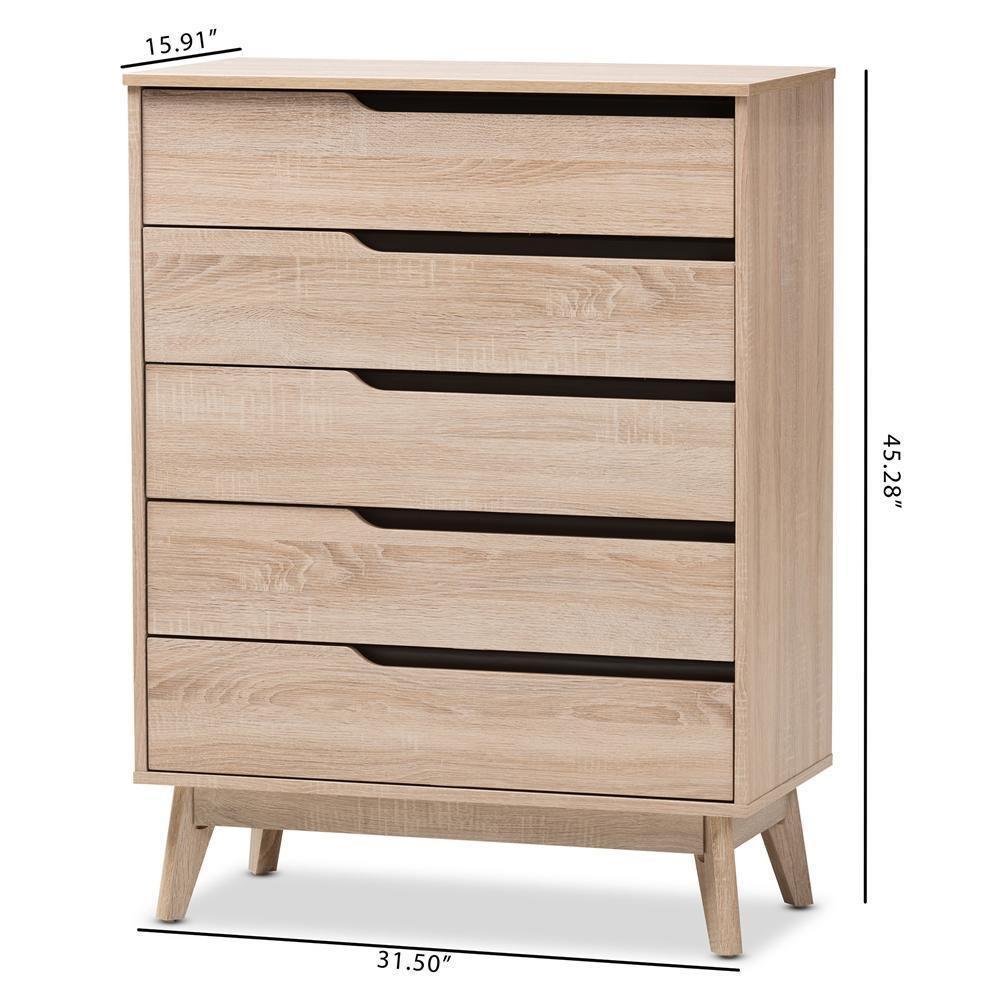 Fella Mid-Century Modern Two-Tone Oak and Grey Wood 5-Drawer Chest FredCo