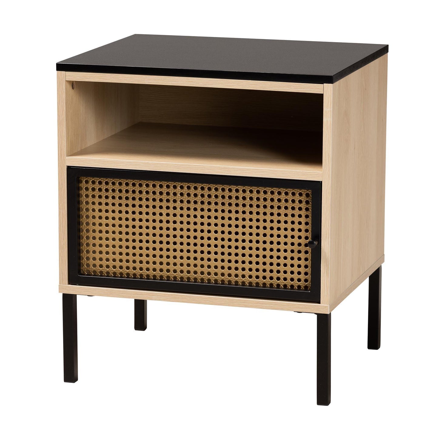 Felton Mid-Century Modern Two-Tone Black and Gold Metal and Light Brown Finished Wood 1-Door End Table FredCo