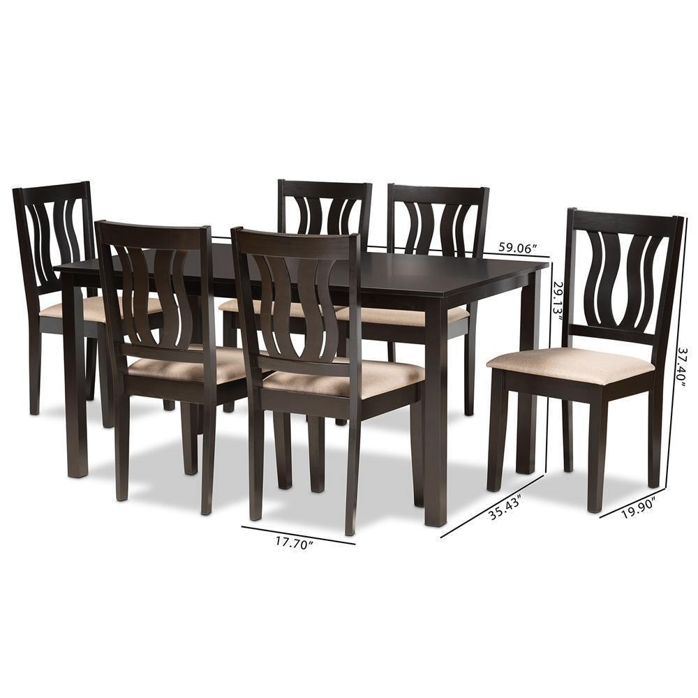 Fenton Modern and Contemporary Sand Fabric Upholstered and Dark Brown Finished Wood 7-Piece Dining Set FredCo