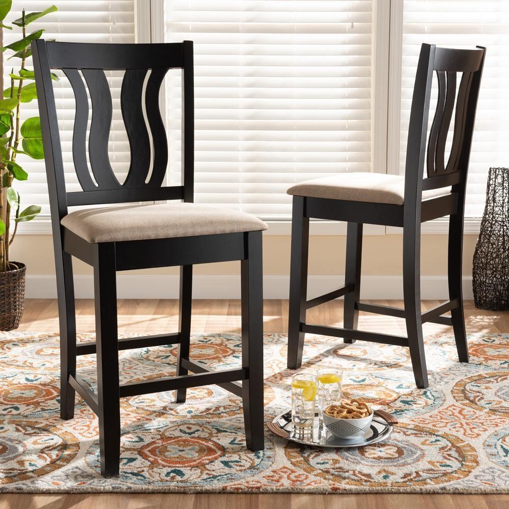 Fenton Modern and Contemporary Transitional Sand Fabric Upholstered and Dark Brown Finished Wood 2-Piece Counter Stool Set FredCo