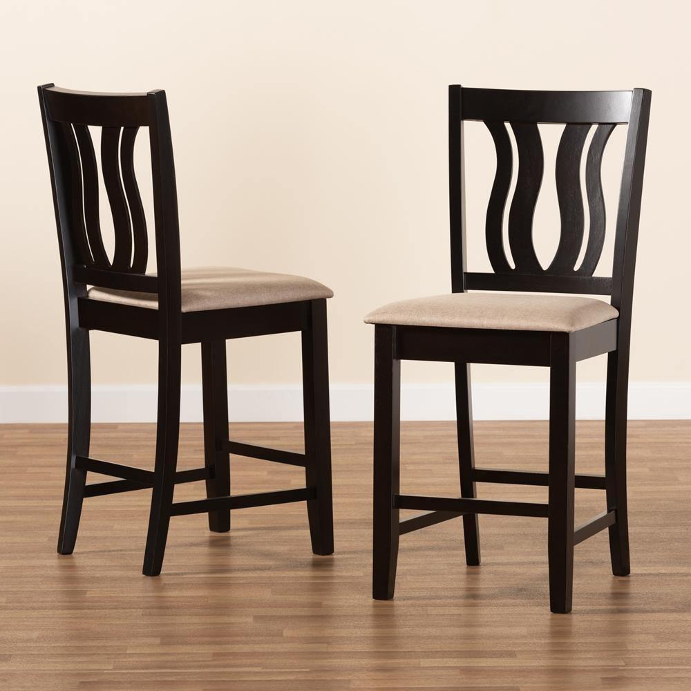 Fenton Modern and Contemporary Transitional Sand Fabric Upholstered and Dark Brown Finished Wood 2-Piece Counter Stool Set FredCo