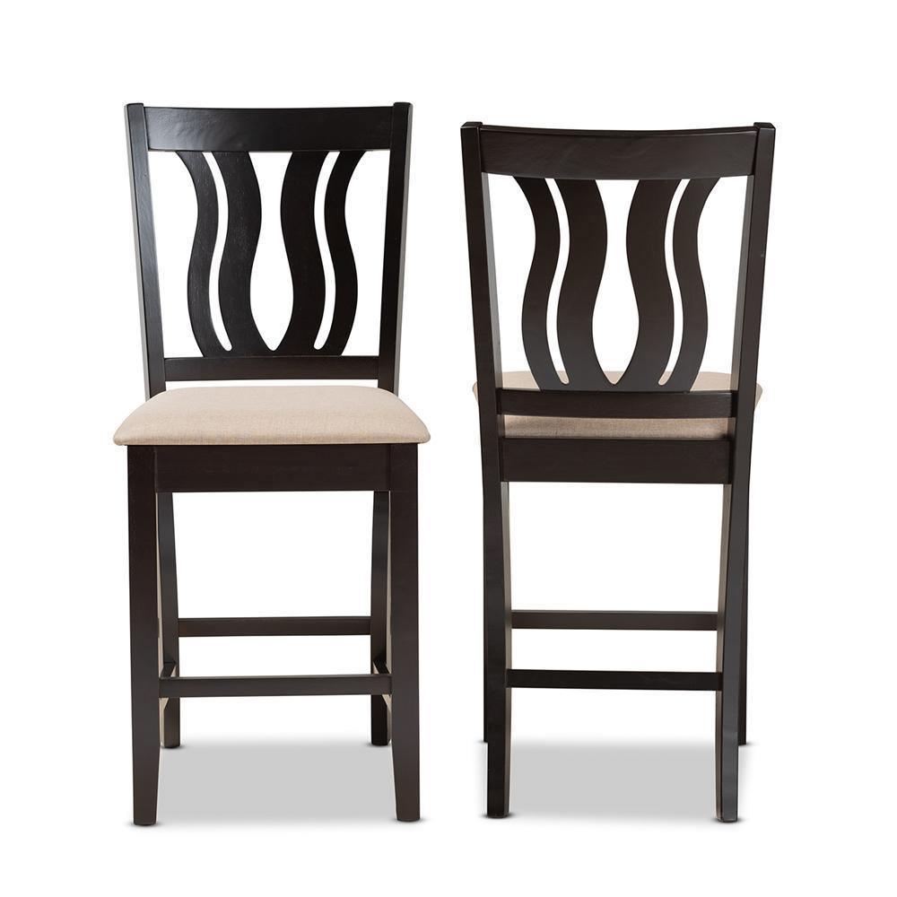 Fenton Modern and Contemporary Transitional Sand Fabric Upholstered and Dark Brown Finished Wood 2-Piece Counter Stool Set FredCo