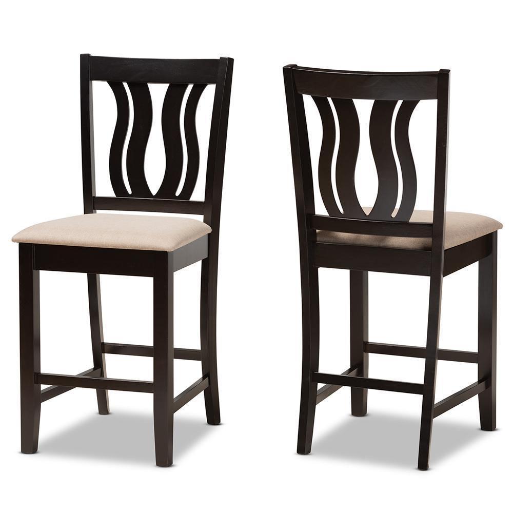 Fenton Modern and Contemporary Transitional Sand Fabric Upholstered and Dark Brown Finished Wood 2-Piece Counter Stool Set FredCo