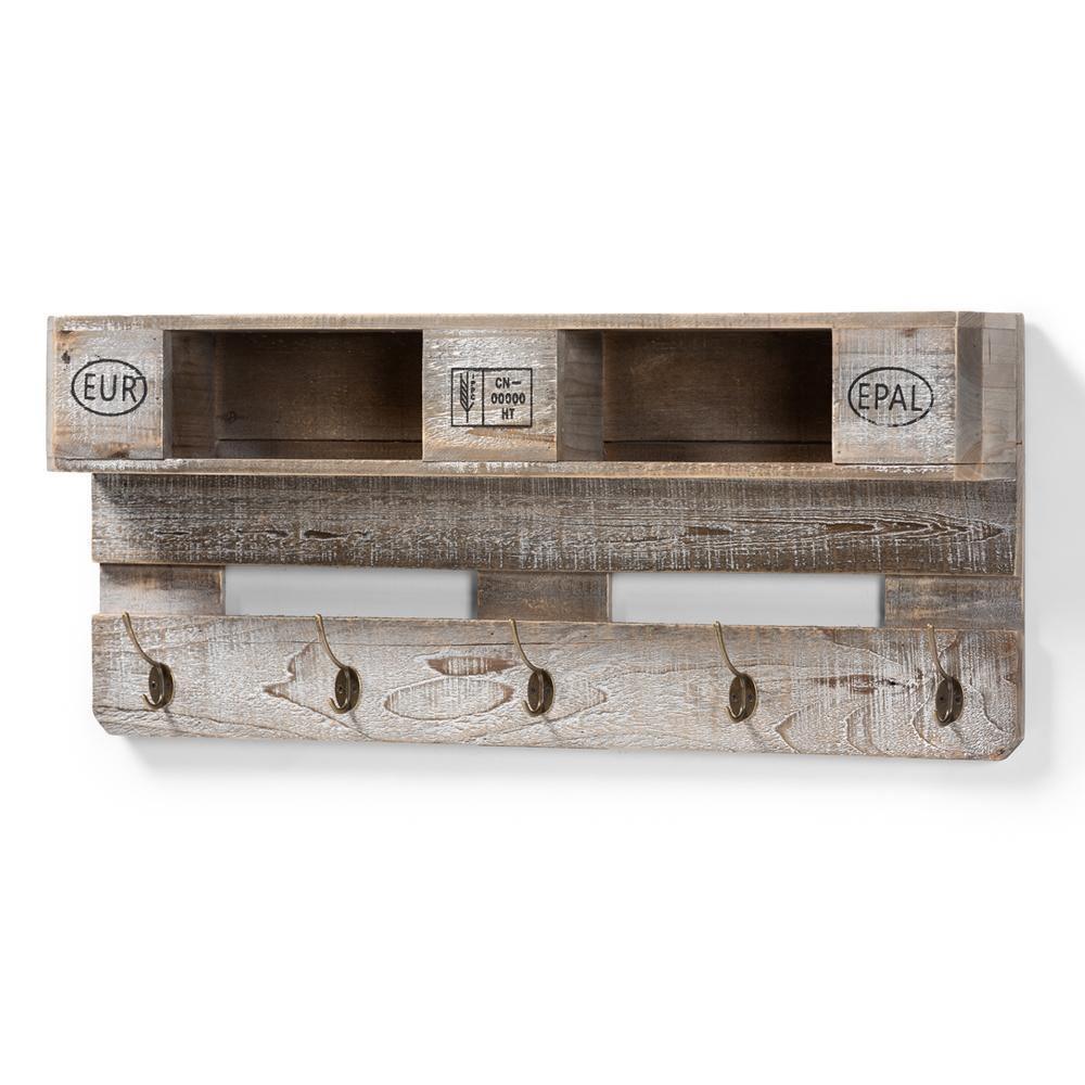 Ferguson Vintage Rustic Whitewashed Grey Oak Finished Wood Wall Mounted Coat Rack with Shelves FredCo