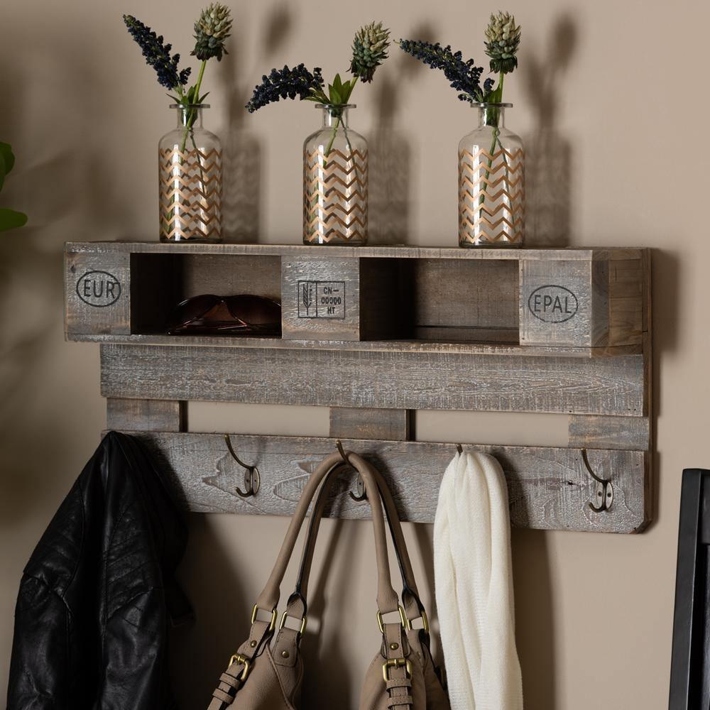 Ferguson Vintage Rustic Whitewashed Grey Oak Finished Wood Wall Mounted Coat Rack with Shelves FredCo