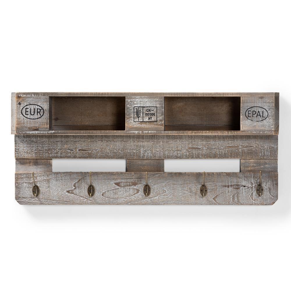 Ferguson Vintage Rustic Whitewashed Grey Oak Finished Wood Wall Mounted Coat Rack with Shelves FredCo