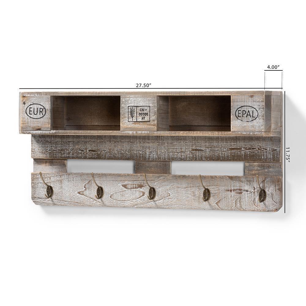Ferguson Vintage Rustic Whitewashed Grey Oak Finished Wood Wall Mounted Coat Rack with Shelves FredCo