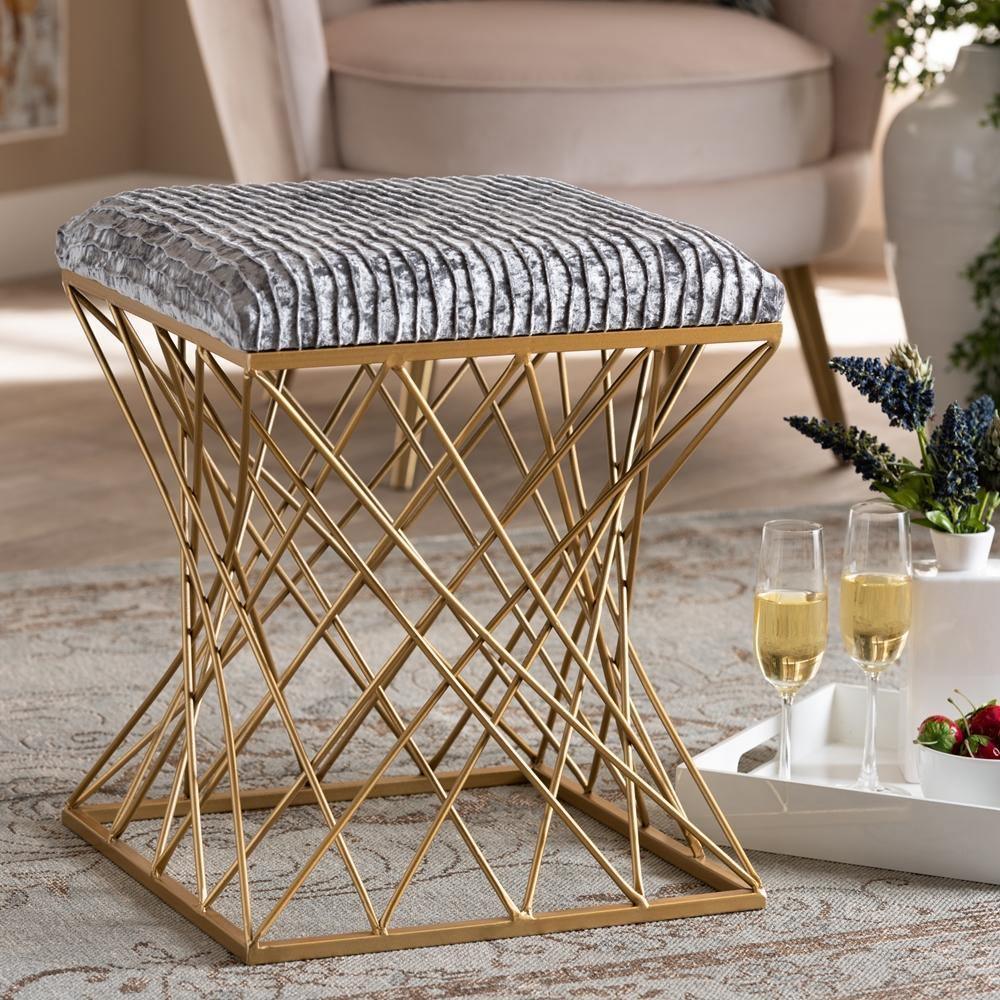 Fiore Glam and Luxe Grey Crushed Velvet Fabric Upholstered Gold Finished Ottoman FredCo