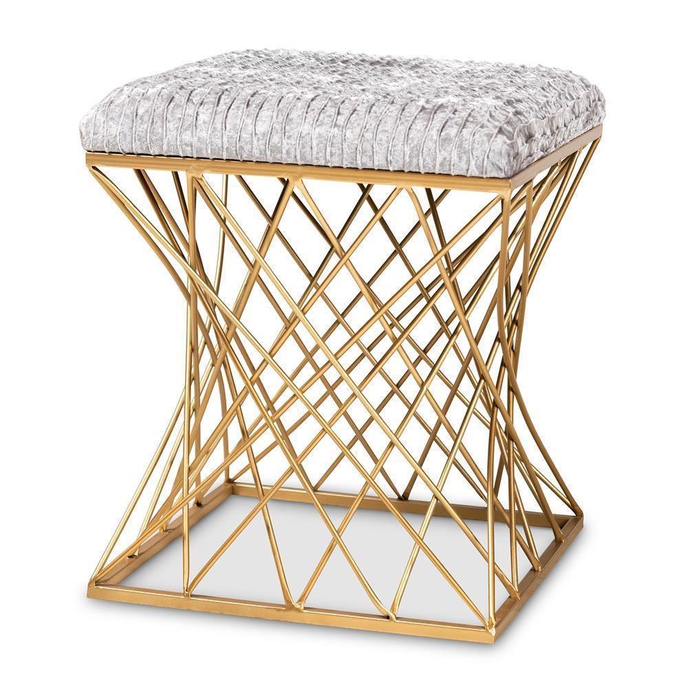 Fiore Glam and Luxe Grey Crushed Velvet Fabric Upholstered Gold Finished Ottoman FredCo