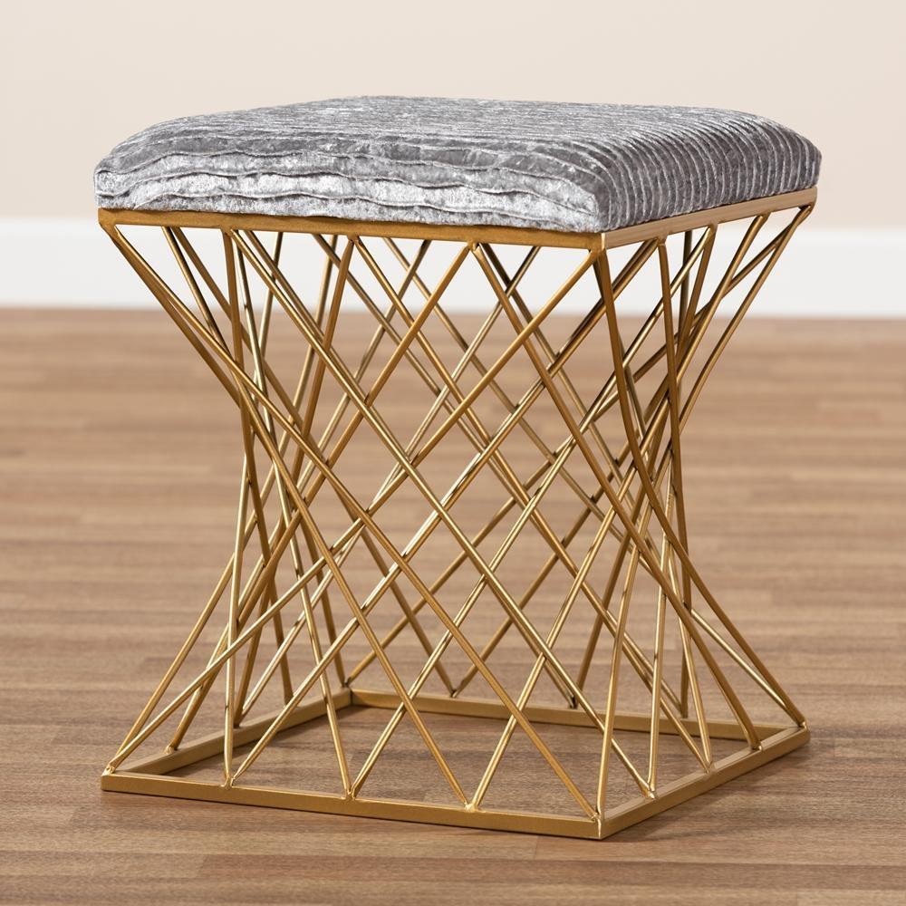 Fiore Glam and Luxe Grey Crushed Velvet Fabric Upholstered Gold Finished Ottoman FredCo