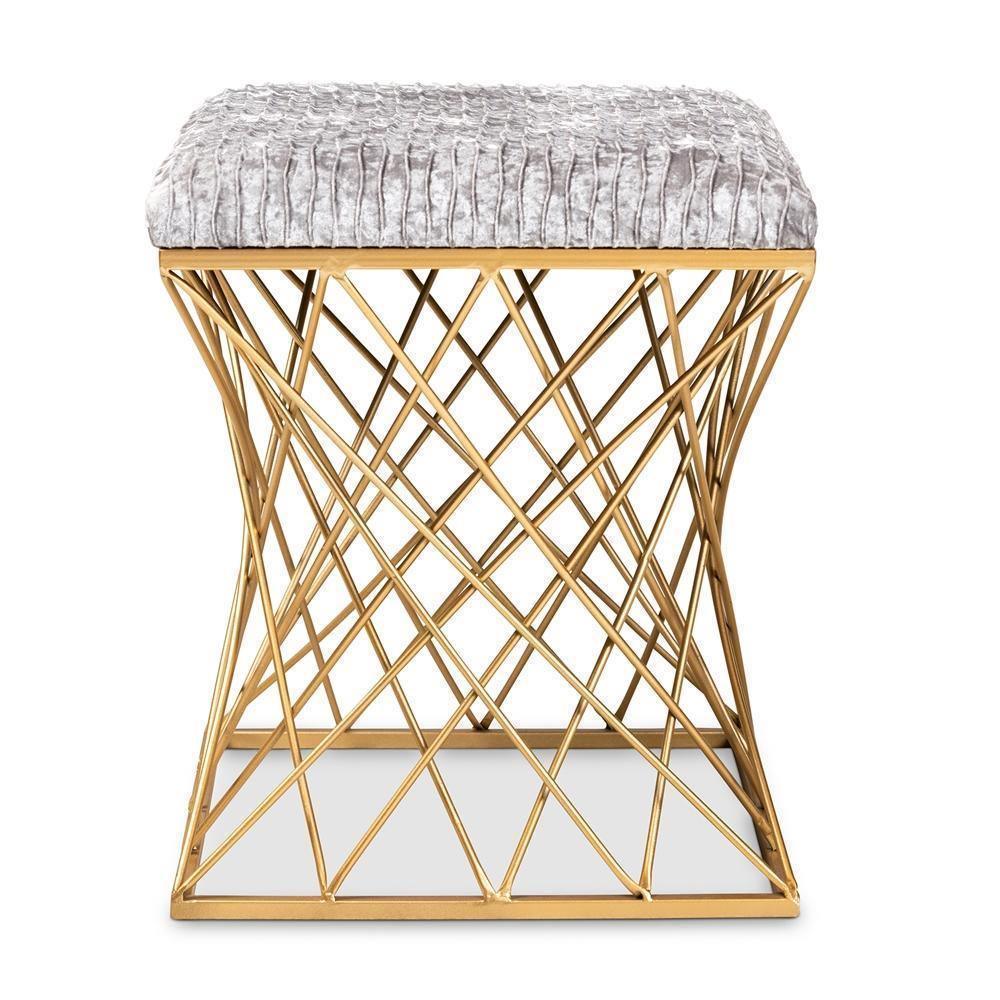 Fiore Glam and Luxe Grey Crushed Velvet Fabric Upholstered Gold Finished Ottoman FredCo