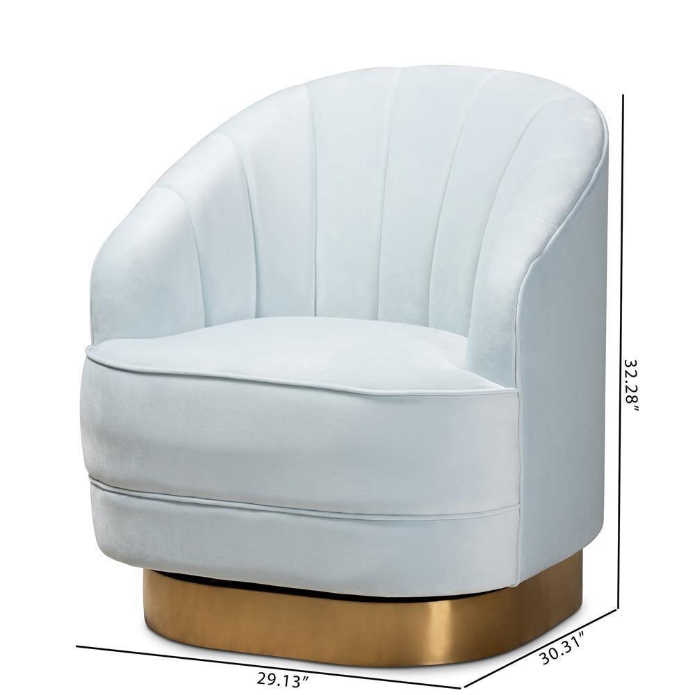 Fiore Glam and Luxe Light Blue Velvet Fabric Upholstered Brushed Gold Finished Swivel Accent Chair FredCo