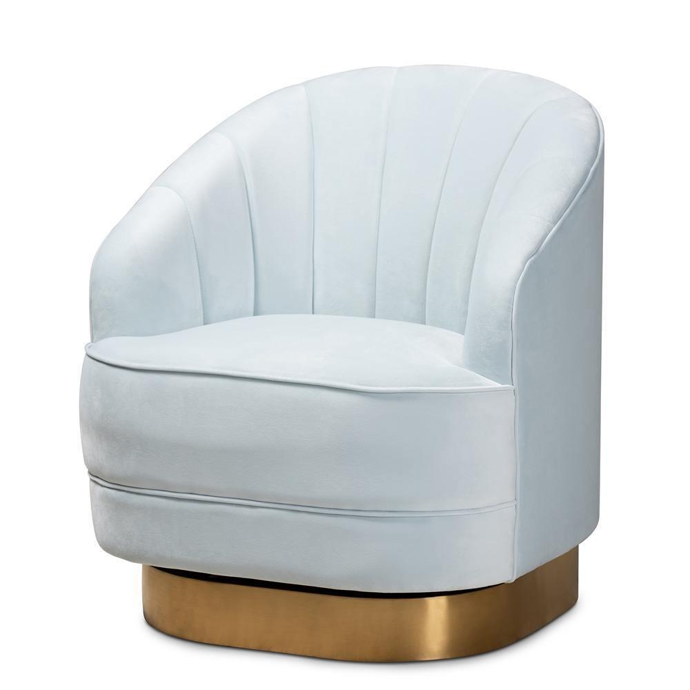 Fiore Glam and Luxe Light Blue Velvet Fabric Upholstered Brushed Gold Finished Swivel Accent Chair FredCo