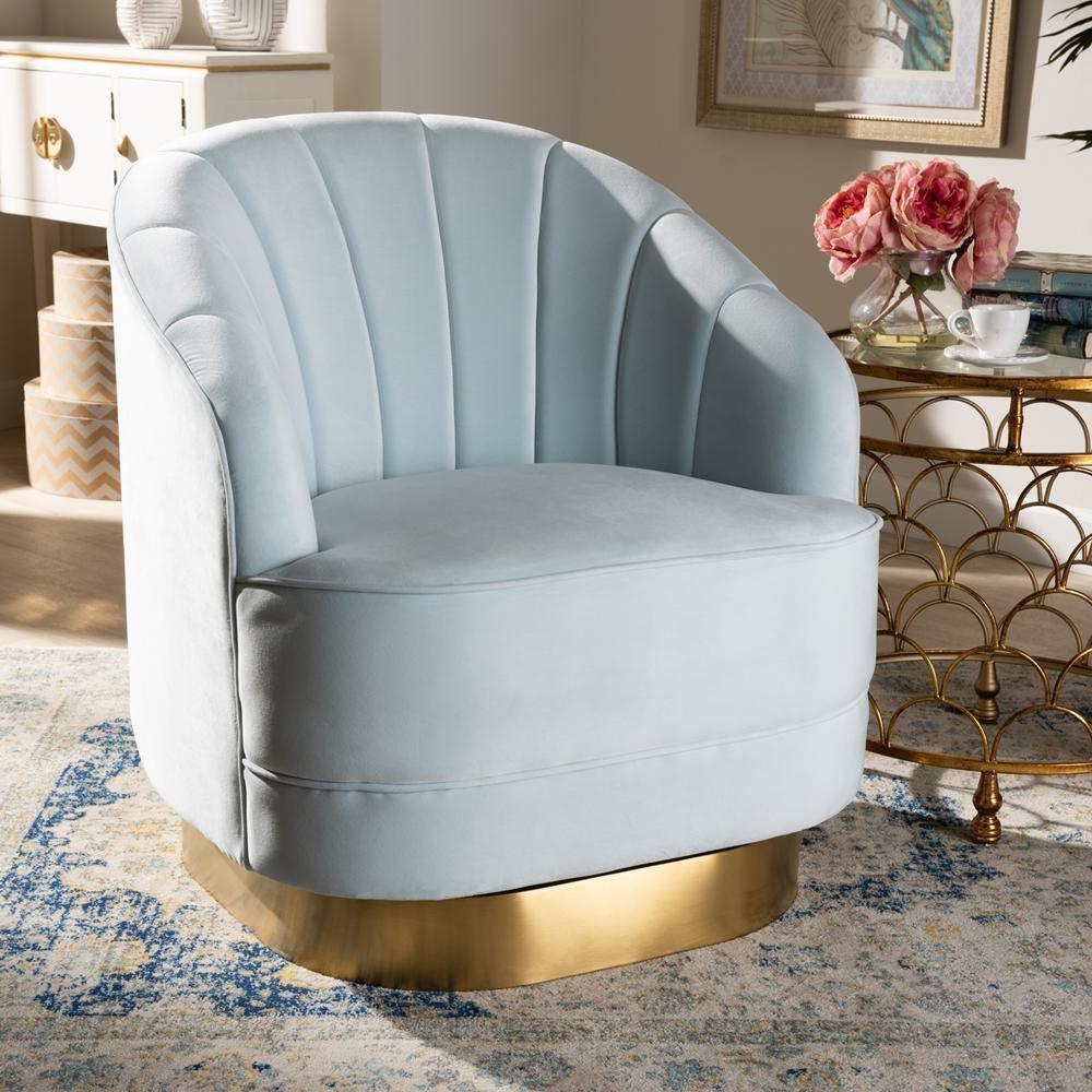 Fiore Glam and Luxe Light Blue Velvet Fabric Upholstered Brushed Gold Finished Swivel Accent Chair FredCo