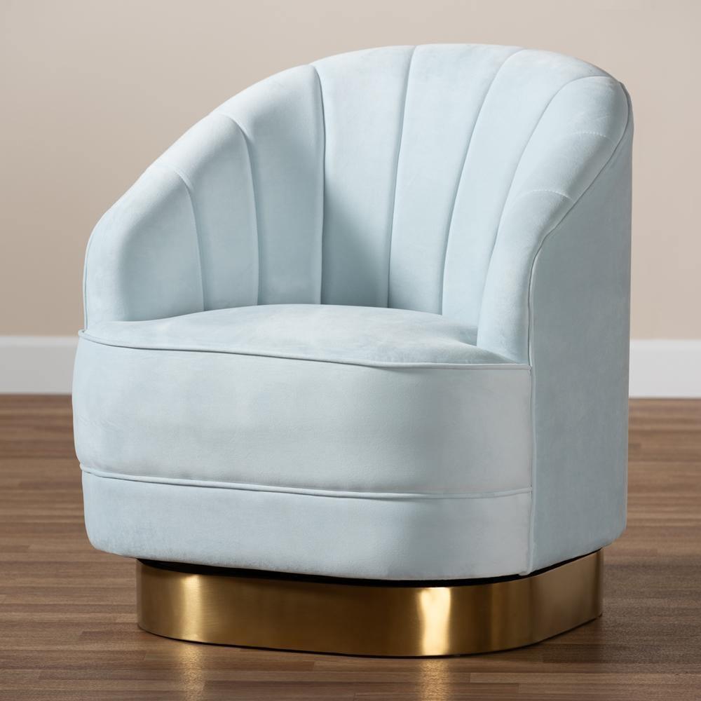 Fiore Glam and Luxe Light Blue Velvet Fabric Upholstered Brushed Gold Finished Swivel Accent Chair FredCo
