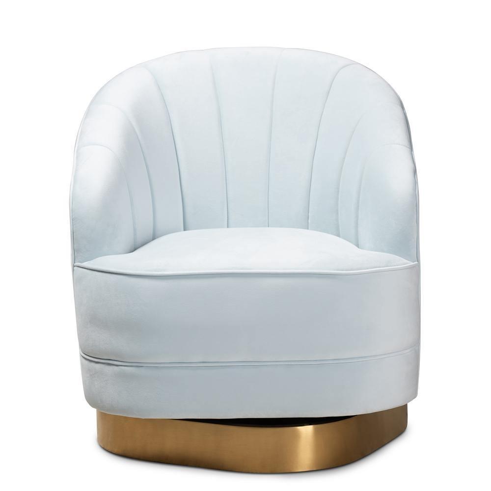 Fiore Glam and Luxe Light Blue Velvet Fabric Upholstered Brushed Gold Finished Swivel Accent Chair FredCo