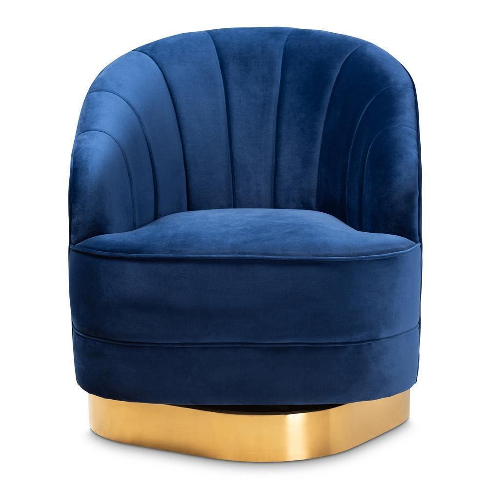 Fiore Glam and Luxe Royal Blue Velvet Fabric Upholstered Brushed Gold Finished Swivel Accent Chair FredCo