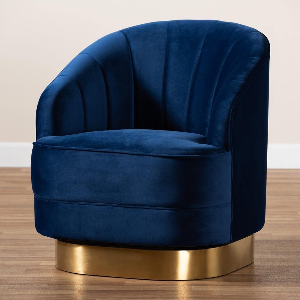 Fiore Glam and Luxe Royal Blue Velvet Fabric Upholstered Brushed Gold Finished Swivel Accent Chair FredCo