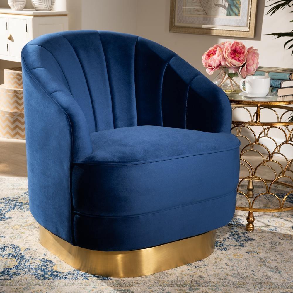 Fiore Glam and Luxe Royal Blue Velvet Fabric Upholstered Brushed Gold Finished Swivel Accent Chair FredCo