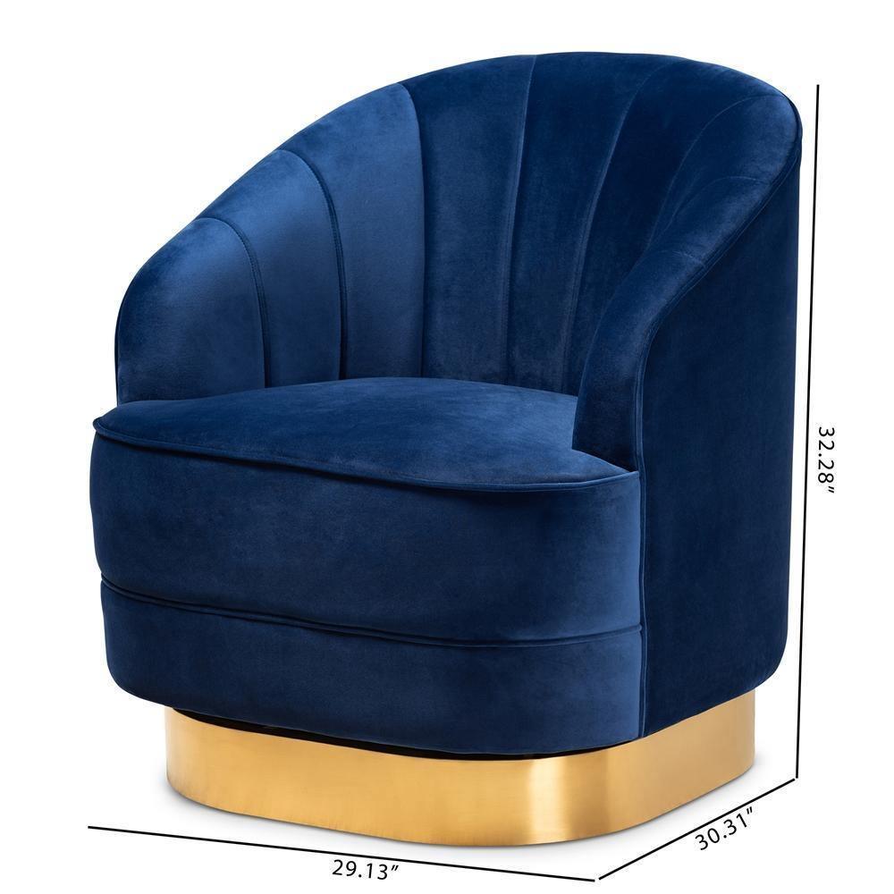 Fiore Glam and Luxe Royal Blue Velvet Fabric Upholstered Brushed Gold Finished Swivel Accent Chair FredCo