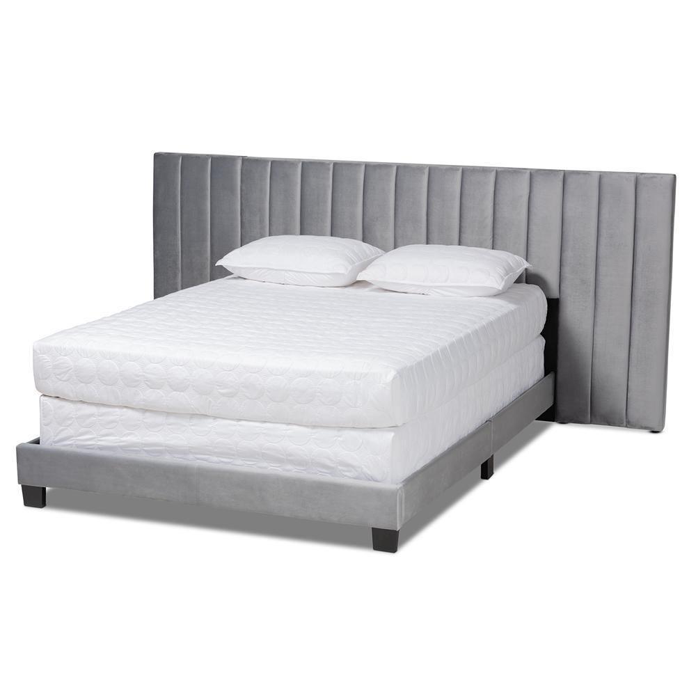 Fiorenza Glam and Luxe Grey Velvet Fabric Upholstered King Size Panel Bed with Extra Wide Channel Tufted Headboard FredCo