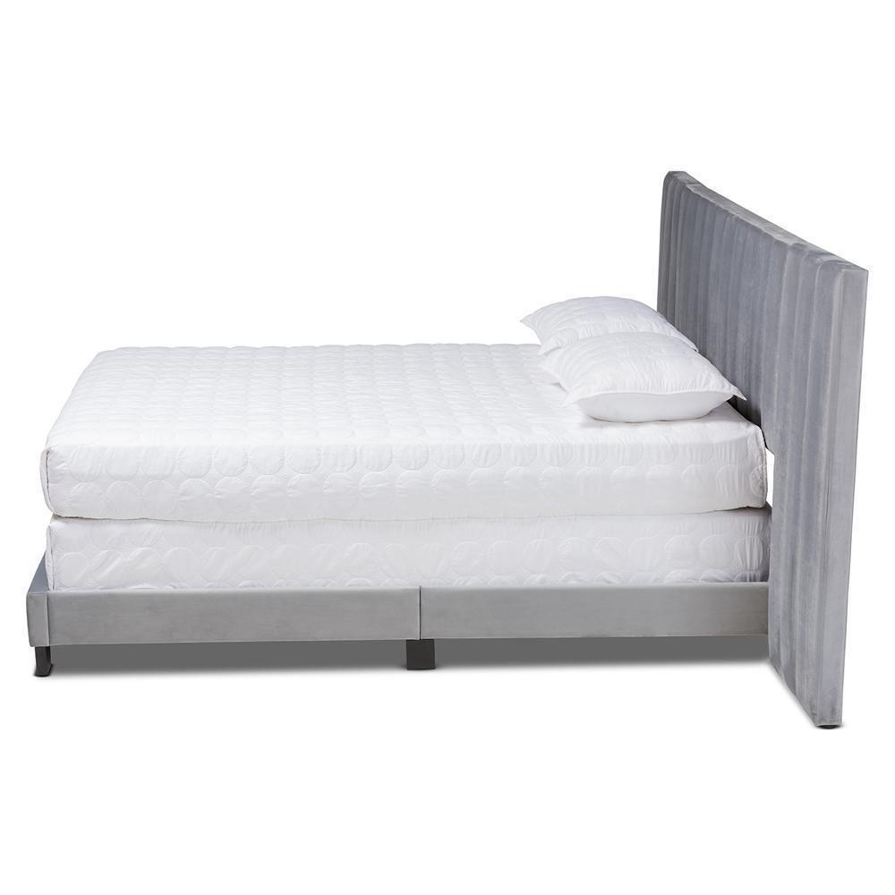 Fiorenza Glam and Luxe Grey Velvet Fabric Upholstered King Size Panel Bed with Extra Wide Channel Tufted Headboard FredCo