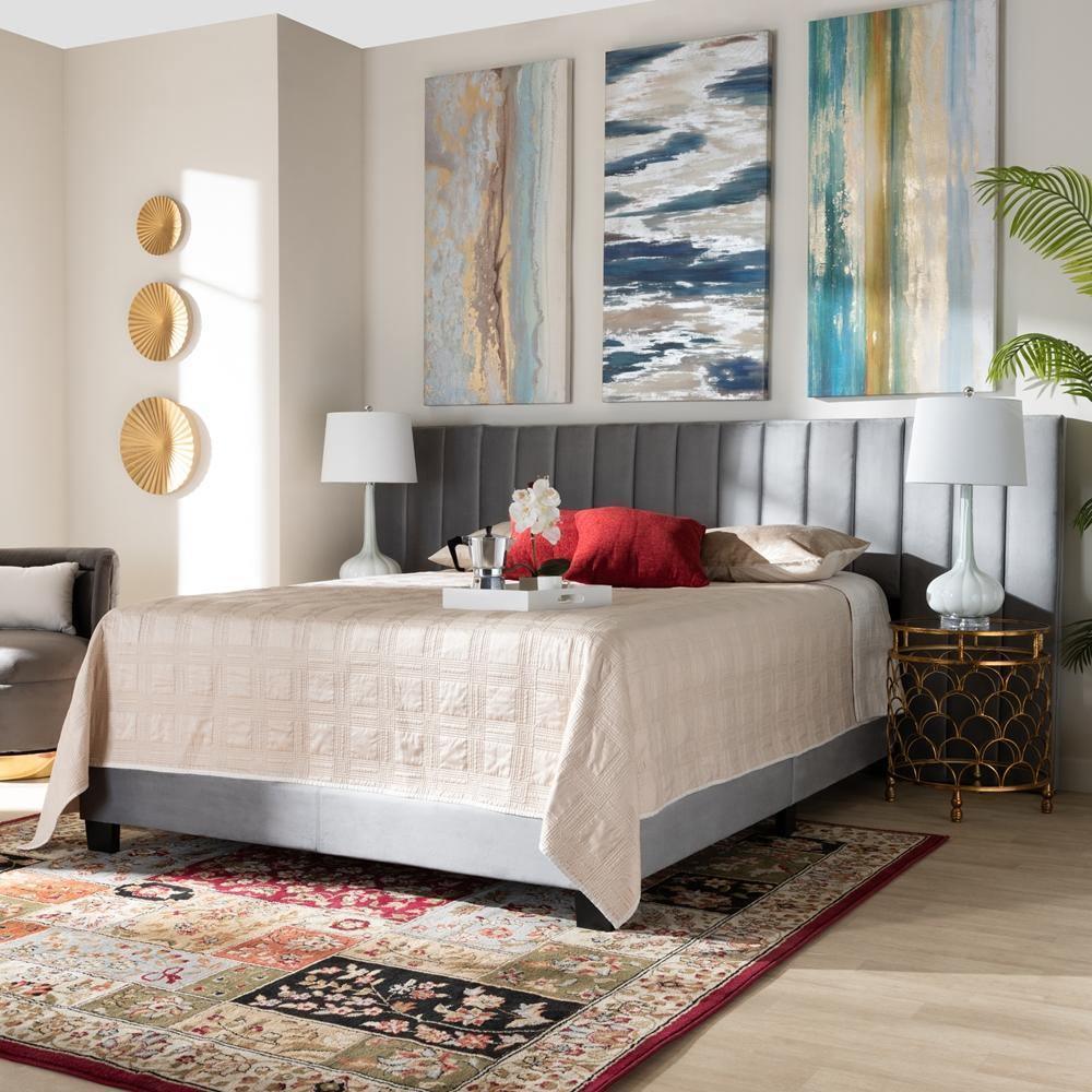 Fiorenza Glam and Luxe Grey Velvet Fabric Upholstered King Size Panel Bed with Extra Wide Channel Tufted Headboard FredCo