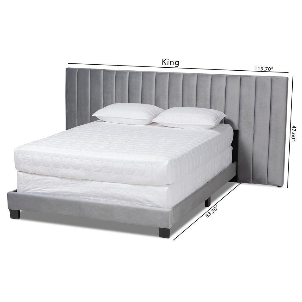 Fiorenza Glam and Luxe Grey Velvet Fabric Upholstered King Size Panel Bed with Extra Wide Channel Tufted Headboard FredCo