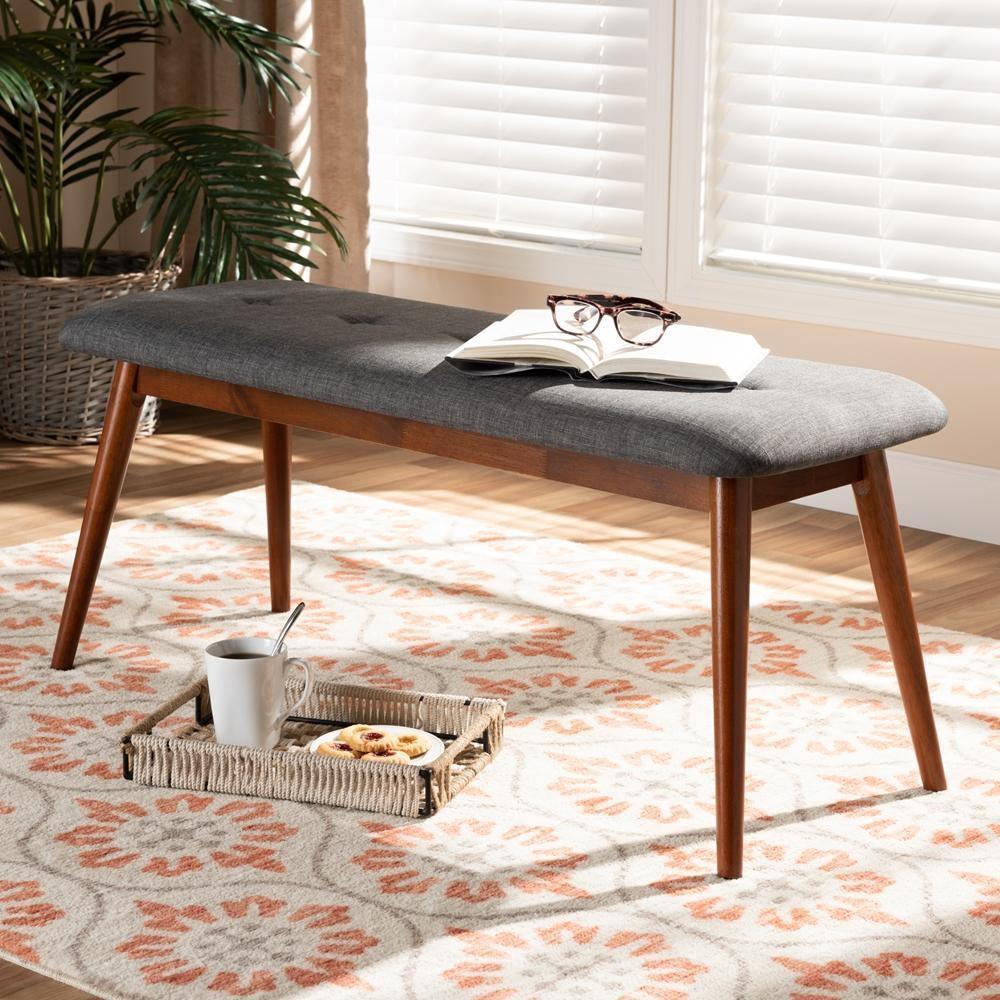 Flora II Mid-Century Modern Dark Grey Fabric Upholstered Medium Oak Finished Wood Dining Bench FredCo
