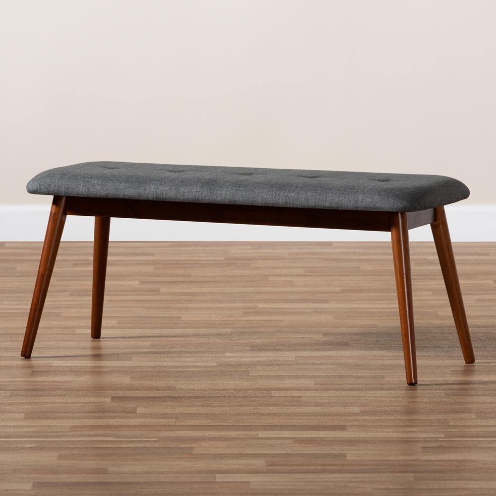 Flora II Mid-Century Modern Dark Grey Fabric Upholstered Medium Oak Finished Wood Dining Bench FredCo