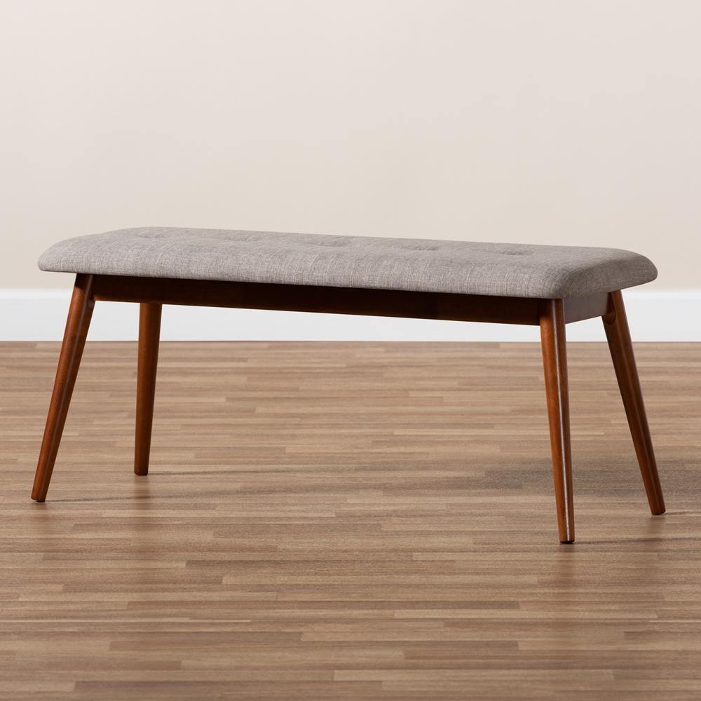 Flora II Mid-Century Modern Light Grey Fabric Upholstered Medium Oak Finished Wood Dining Bench FredCo