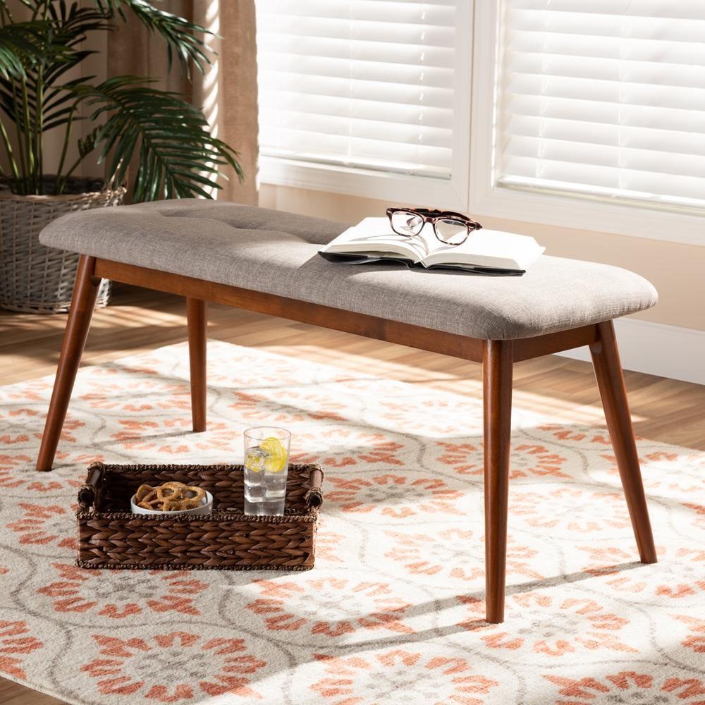 Flora II Mid-Century Modern Light Grey Fabric Upholstered Medium Oak Finished Wood Dining Bench FredCo