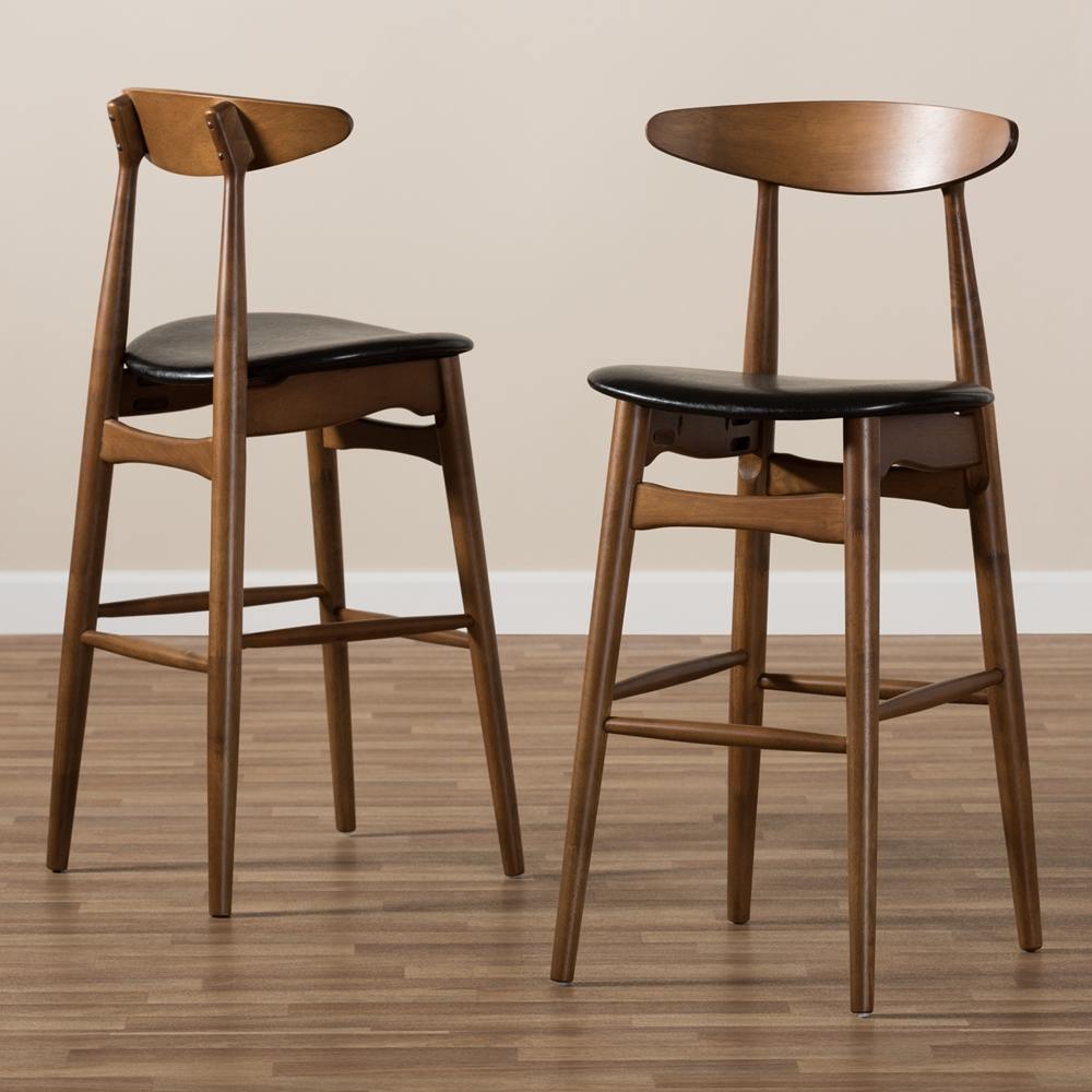 Flora Mid-Century Modern Black Faux Leather Upholstered Walnut Finished Bar Stool (Set of 2) FredCo