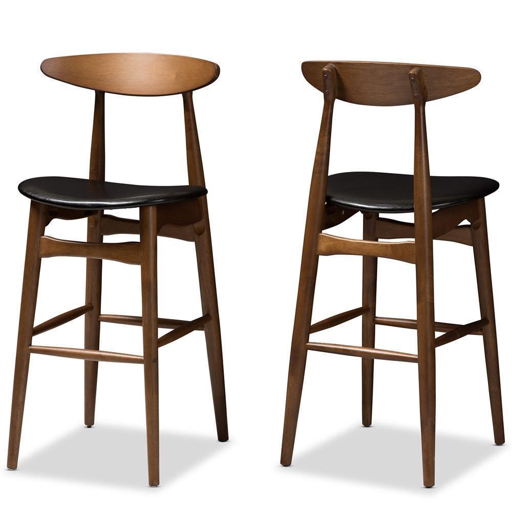 Flora Mid-Century Modern Black Faux Leather Upholstered Walnut Finished Bar Stool (Set of 2) FredCo