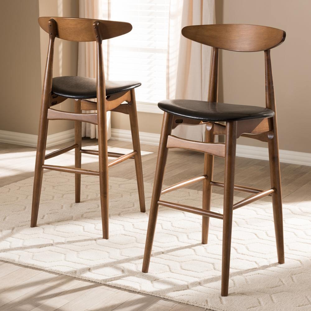 Flora Mid-Century Modern Black Faux Leather Upholstered Walnut Finished Bar Stool (Set of 2) FredCo
