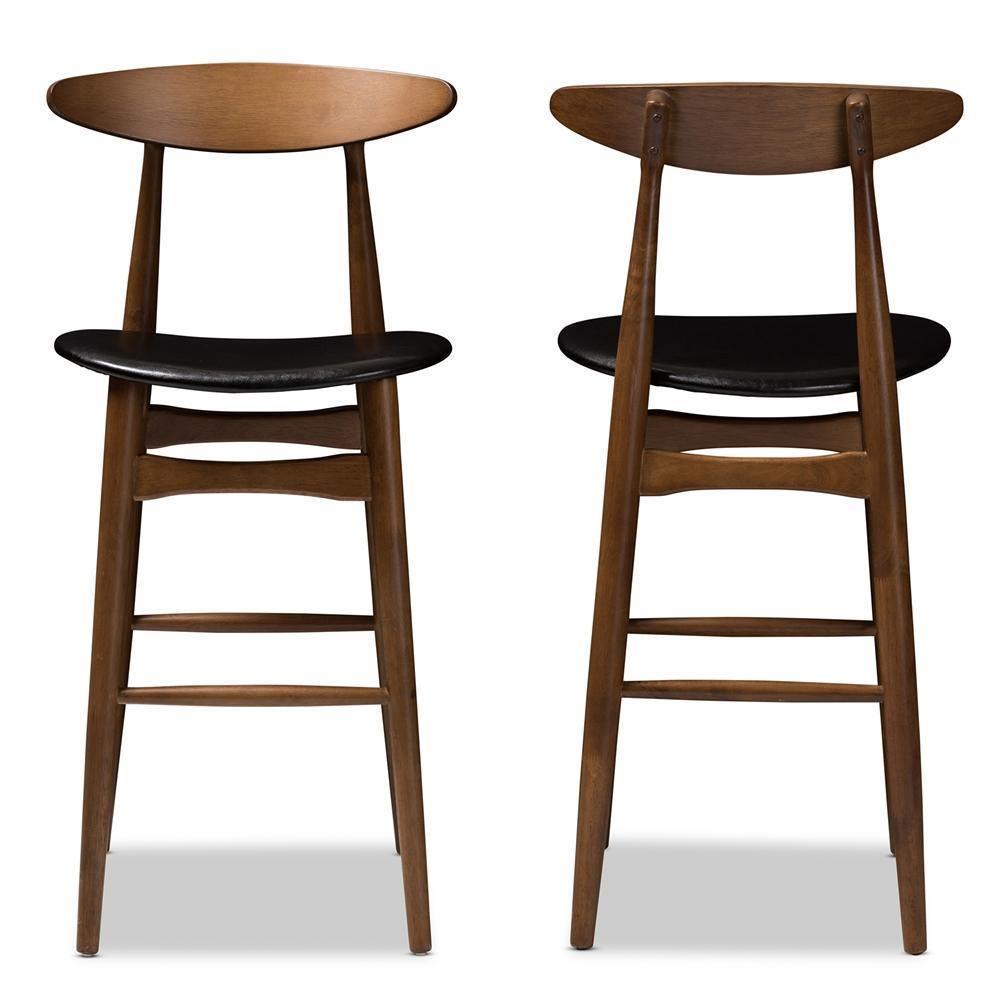 Flora Mid-Century Modern Black Faux Leather Upholstered Walnut Finished Bar Stool (Set of 2) FredCo