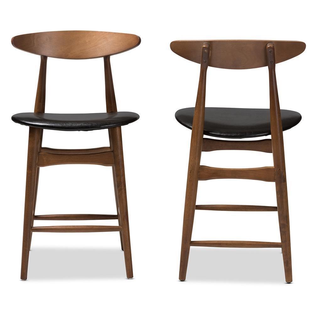Flora Mid-Century Modern Black Faux Leather Upholstered Walnut Finished Counter Stool (Set of 2) FredCo