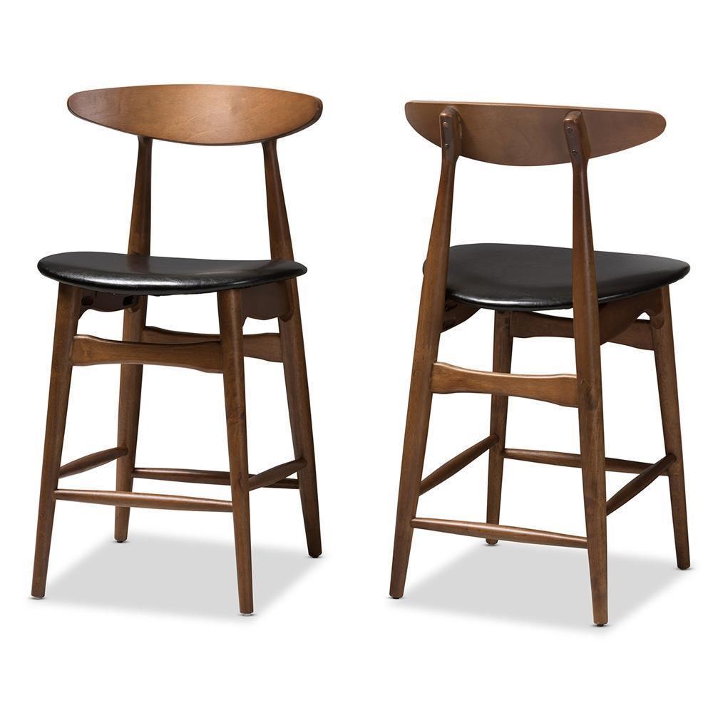 Flora Mid-Century Modern Black Faux Leather Upholstered Walnut Finished Counter Stool (Set of 2) FredCo